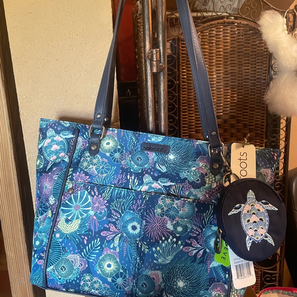 Sakroots Blue Floral Tote with Turtle Accent